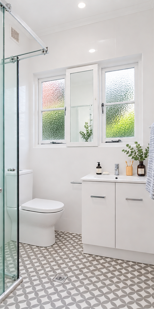 Immaculate white bathroom with polished glass shower screen and patterned tiled floor