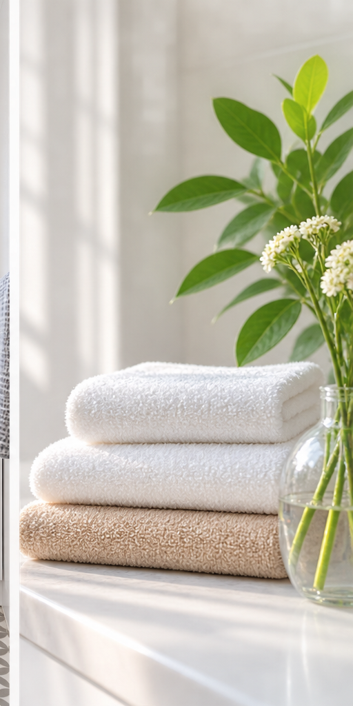 Freshly folded white towels beside greenery on a sunlit bathroom bench